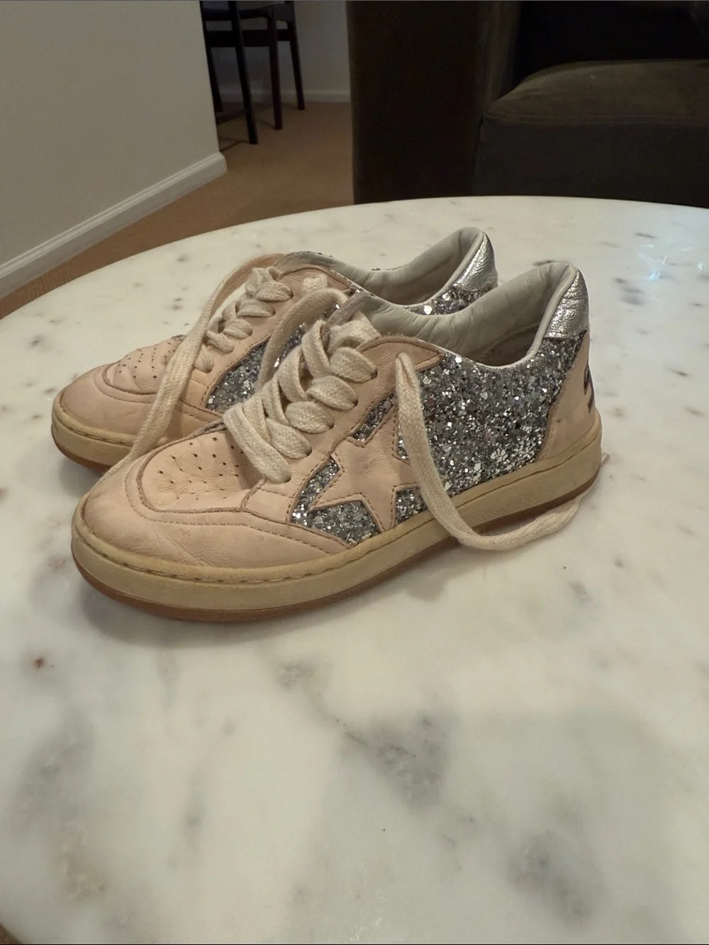 Golden Goose Kids Beige and Silver Glitter-Trim Sneakers